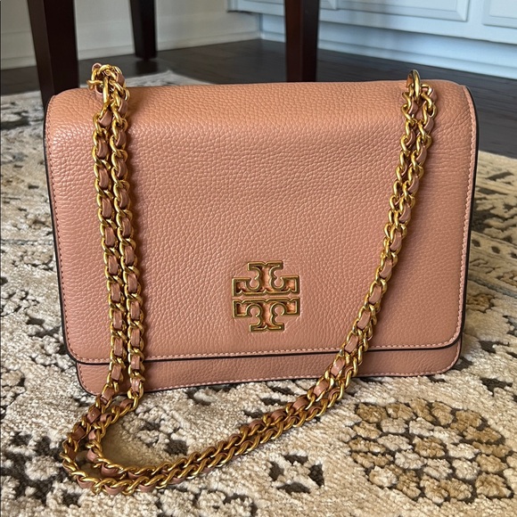 Tory Burch Sumac Britten Small Pink Leather Shoulder or Corssbody Gold Chain